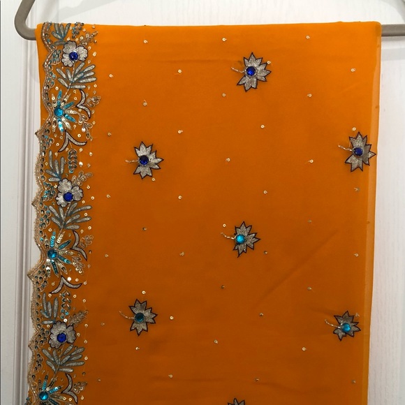 Tangerine possibly georgette Saree Fabric with beautiful minakari embroidery - Picture 3 of 16